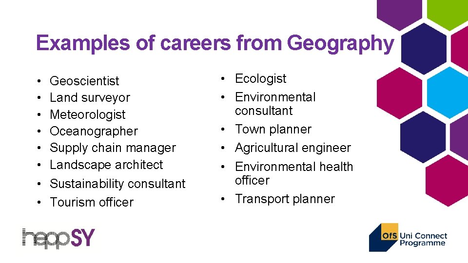 Examples of careers from Geography • • Geoscientist Land surveyor Meteorologist Oceanographer Supply chain