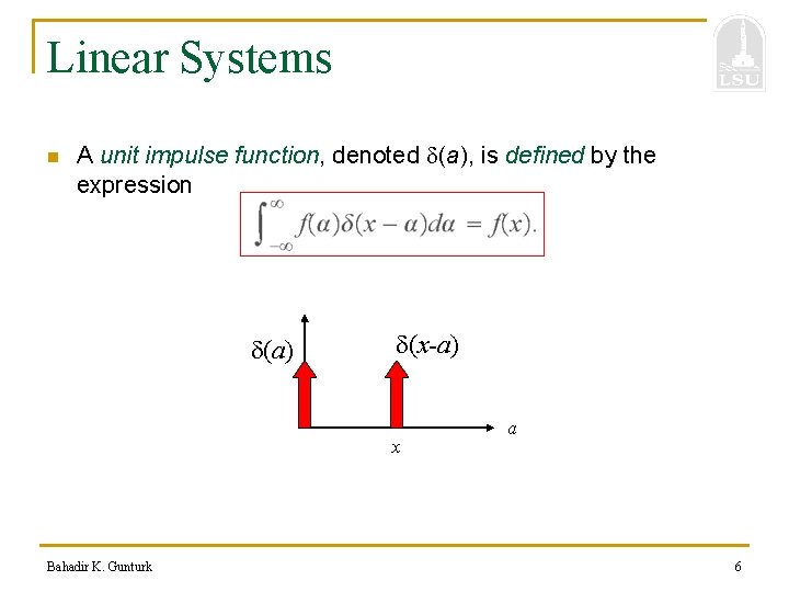 Linear Systems n A unit impulse function, denoted (a), is defined by the expression