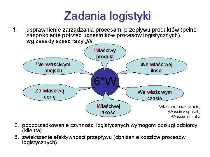 Zadania logistyki 1. usprawnienie zarządzania procesami przepływu produktów (pełne zaspokojenie potrzeb uczestników procesów logistycznych) Zadania logistyki 1. usprawnienie zarządzania procesami przepływu produktów (pełne zaspokojenie potrzeb uczestników procesów logistycznych)