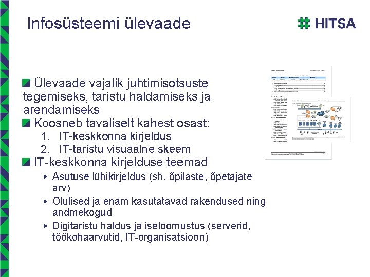 Infosüsteemi ülevaade Ülevaade vajalik juhtimisotsuste tegemiseks, taristu haldamiseks ja arendamiseks Koosneb tavaliselt kahest osast: