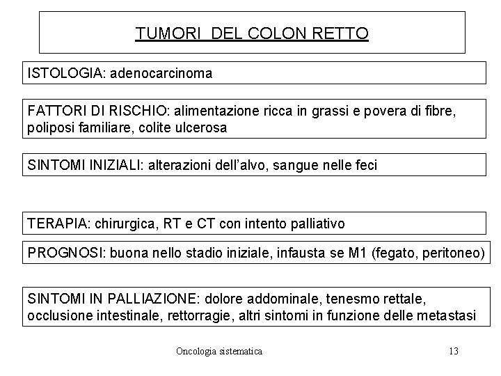 TUMORI DEL COLON RETTO ISTOLOGIA: adenocarcinoma FATTORI DI RISCHIO: alimentazione ricca in grassi e