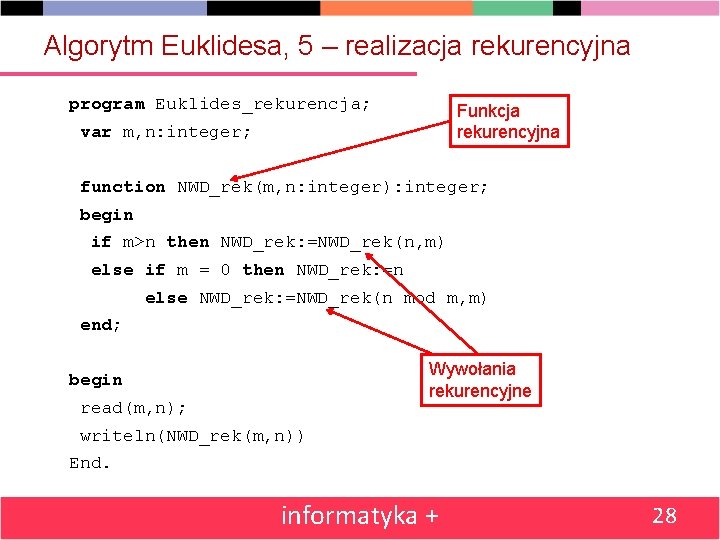 Algorytm Euklidesa, 5 – realizacja rekurencyjna program Euklides_rekurencja; Funkcja rekurencyjna var m, n: integer;