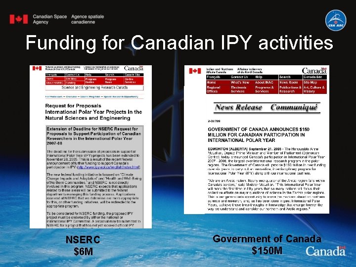 Funding for Canadian IPY activities NSERC $6 M Government of Canada $150 M 