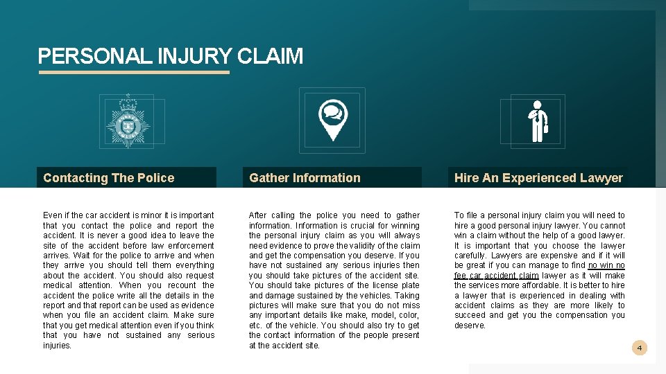 PERSONAL INJURY CLAIM Contacting The Police Gather Information Hire An Experienced Lawyer Even if