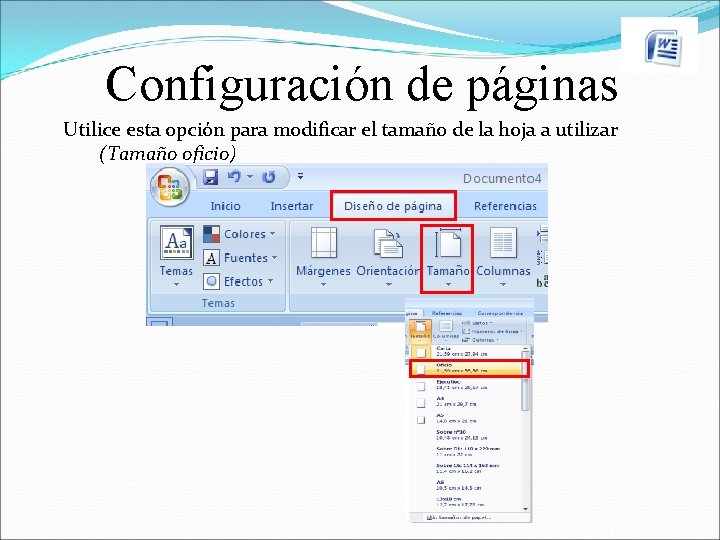 Configuración de páginas Utilice esta opción para modificar el tamaño de la hoja a