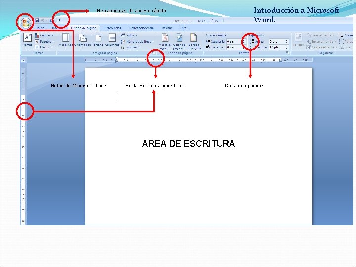 Introducción a Microsoft Word. Herramientas de acceso rápido Botón de Microsoft Office Regla Horizontal