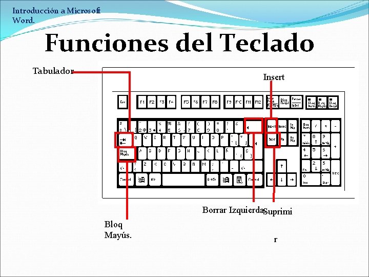 Introducción a Microsoft Word. Funciones del Teclado Tabulador Insert Borrar Izquierda. Suprimi Bloq Mayús.