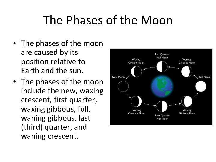 The Phases of the Moon • The phases of the moon are caused by