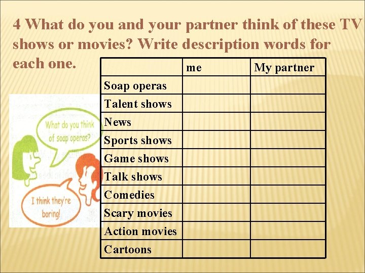 4 What do you and your partner think of these TV shows or movies?