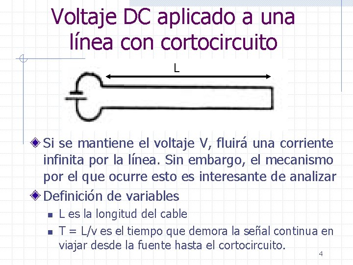 Voltaje DC aplicado a una línea con cortocircuito L Si se mantiene el voltaje