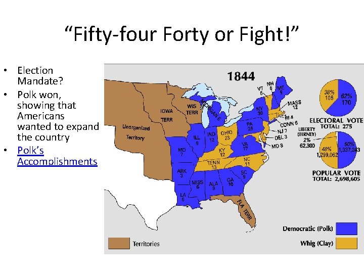 “Fifty-four Forty or Fight!” • Election Mandate? • Polk won, showing that Americans wanted