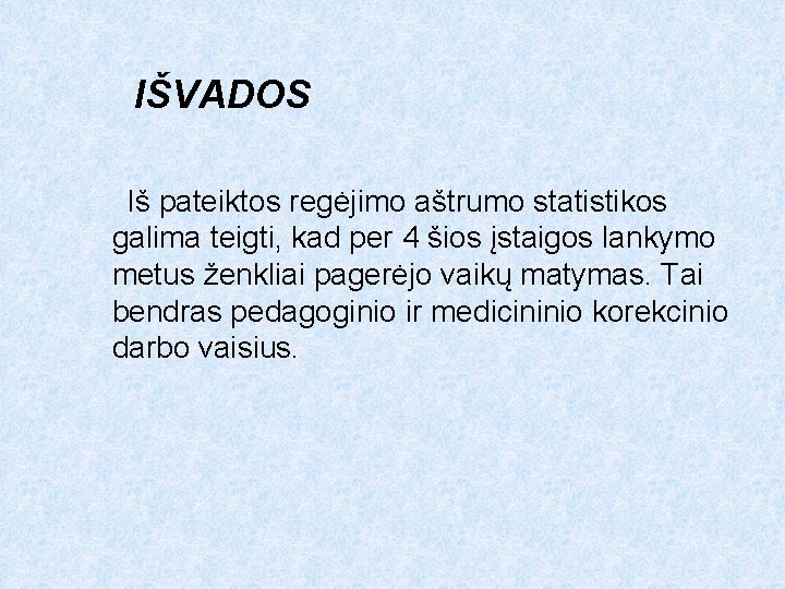 IŠVADOS Iš pateiktos regėjimo aštrumo statistikos galima teigti, kad per 4 šios įstaigos lankymo