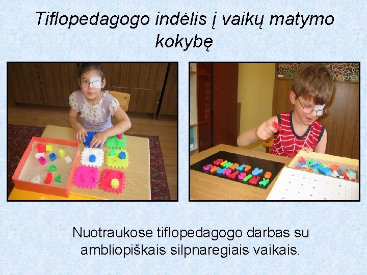 Tiflopedagogo indėlis į vaikų matymo kokybę Nuotraukose tiflopedagogo darbas su ambliopiškais silpnaregiais vaikais. 