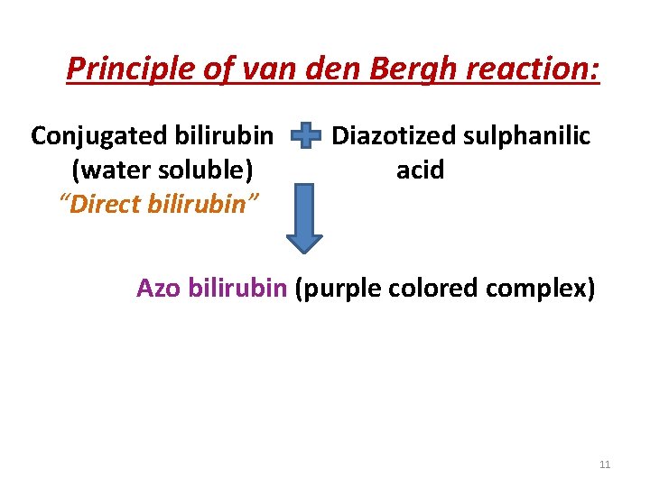 Principle of van den Bergh reaction: Conjugated bilirubin (water soluble) “Direct bilirubin” Diazotized sulphanilic Principle of van den Bergh reaction: Conjugated bilirubin (water soluble) “Direct bilirubin” Diazotized sulphanilic