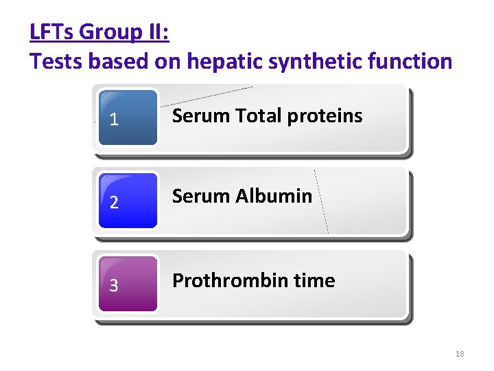 LFTs Group II: Tests based on hepatic synthetic function 1 Serum Total proteins 2 LFTs Group II: Tests based on hepatic synthetic function 1 Serum Total proteins 2