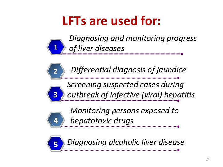 LFTs are used for: 1 Diagnosing and monitoring progress of liver diseases 2 Differential LFTs are used for: 1 Diagnosing and monitoring progress of liver diseases 2 Differential