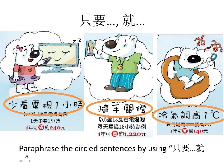 只要…, 就… Paraphrase the circled sentences by using “只要…就 …”. 