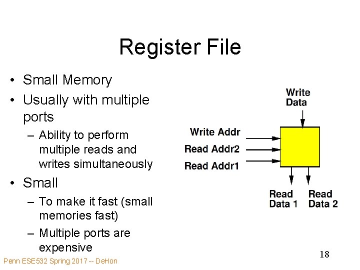Register File • Small Memory • Usually with multiple ports – Ability to perform