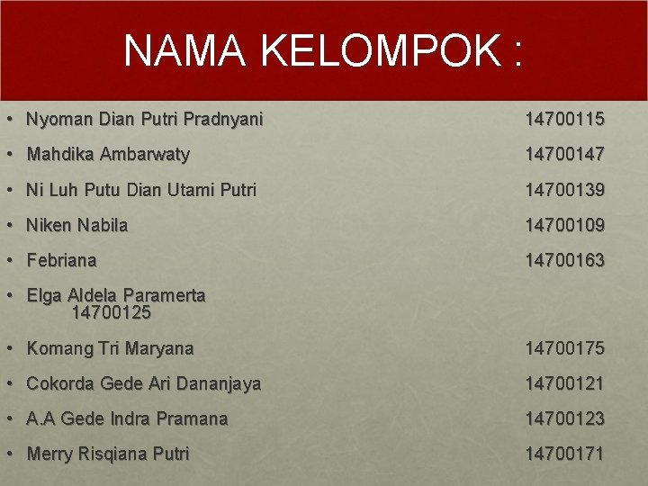 NAMA KELOMPOK : • Nyoman Dian Putri Pradnyani 14700115 • Mahdika Ambarwaty 14700147 •