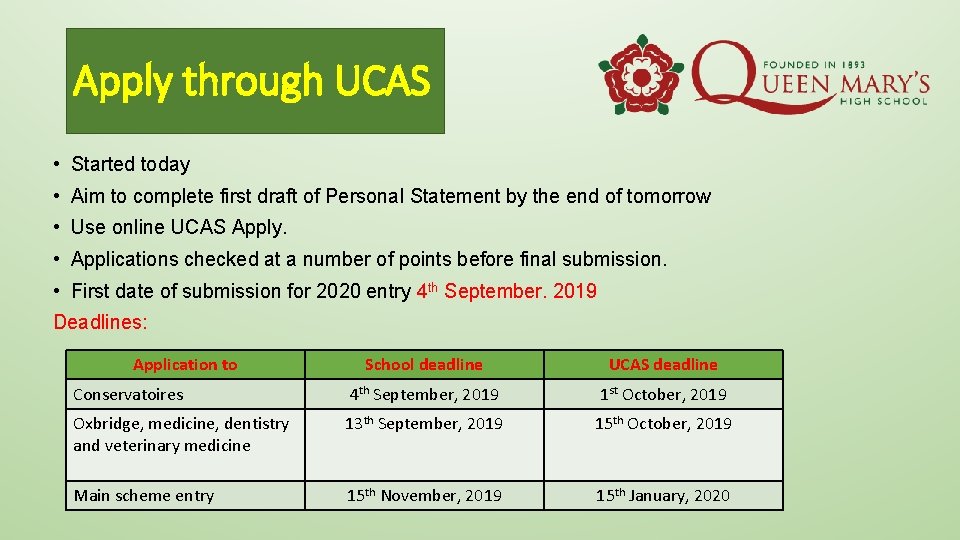 Apply through UCAS • Started today • Aim to complete first draft of Personal