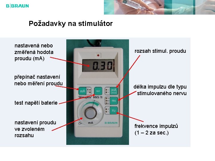 Požadavky na stimulátor nastavená nebo změřená hodota proudu (m. A) přepínač nastavení nebo měření