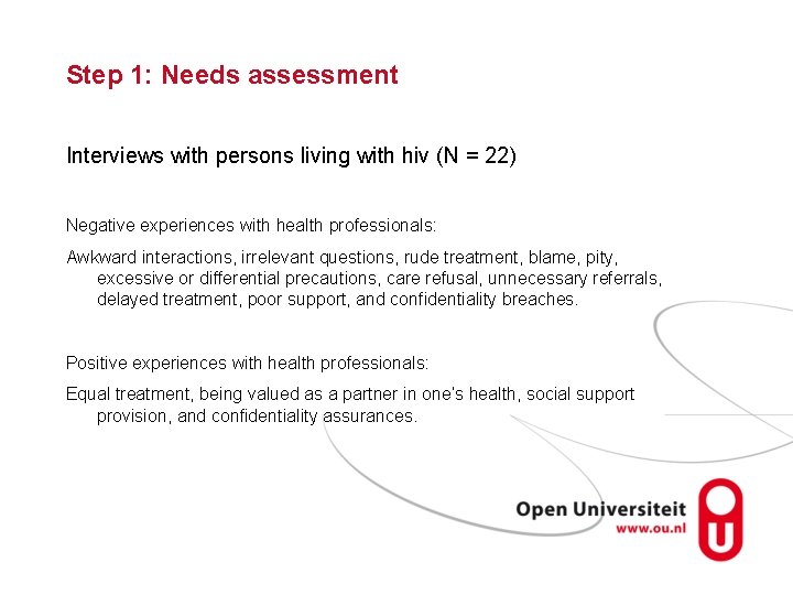 Step 1: Needs assessment Interviews with persons living with hiv (N = 22) Negative