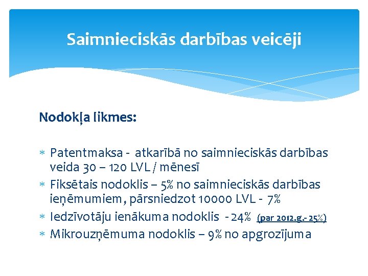 Saimnieciskās darbības veicēji Nodokļa likmes: Patentmaksa - atkarībā no saimnieciskās darbības veida 30 –