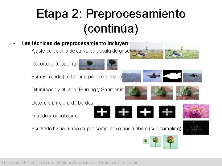 Etapa 2: Preprocesamiento (continúa) • Las técnicas de preprocesamiento incluyen: – Ajuste de color