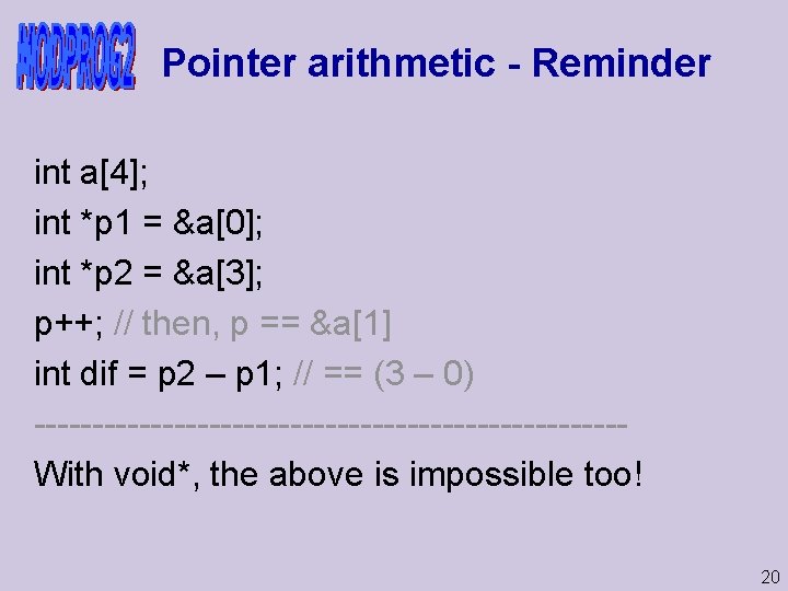 Pointer arithmetic - Reminder int a[4]; int *p 1 = &a[0]; int *p 2