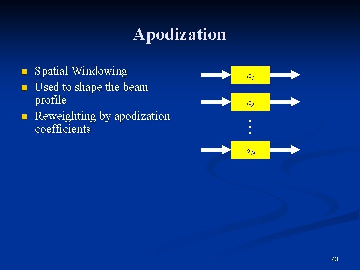 Apodization n Spatial Windowing Used to shape the beam profile Reweighting by apodization coefficients