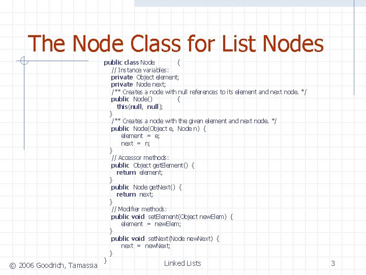 The Node Class for List Nodes © 2006 Goodrich, Tamassia public class Node {