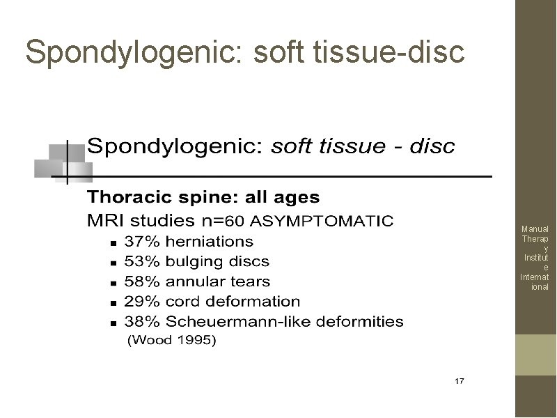 Spondylogenic: soft tissue-disc Manual Therap y Institut e Internat ional 