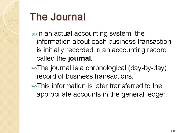 The Journal In an actual accounting system, the information about each business transaction is