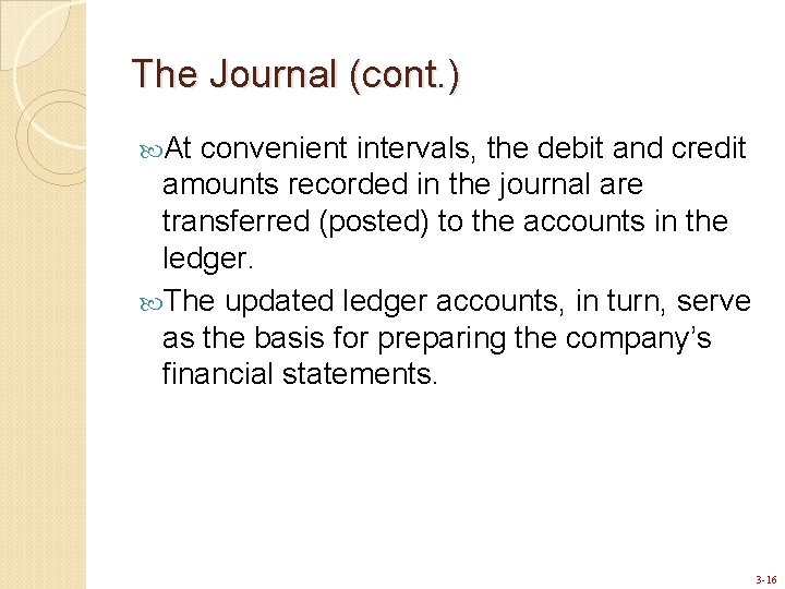 The Journal (cont. ) At convenient intervals, the debit and credit amounts recorded in