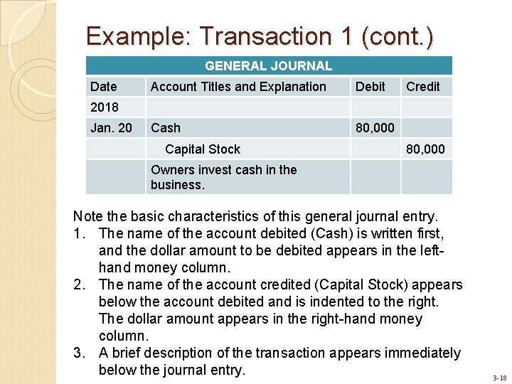 Example: Transaction 1 (cont. ) GENERAL JOURNAL Date Account Titles and Explanation Debit Cash