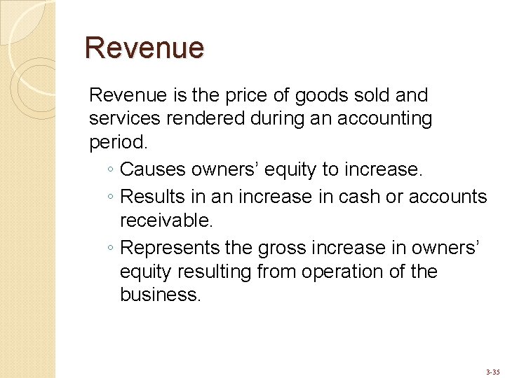 Revenue is the price of goods sold and services rendered during an accounting period.