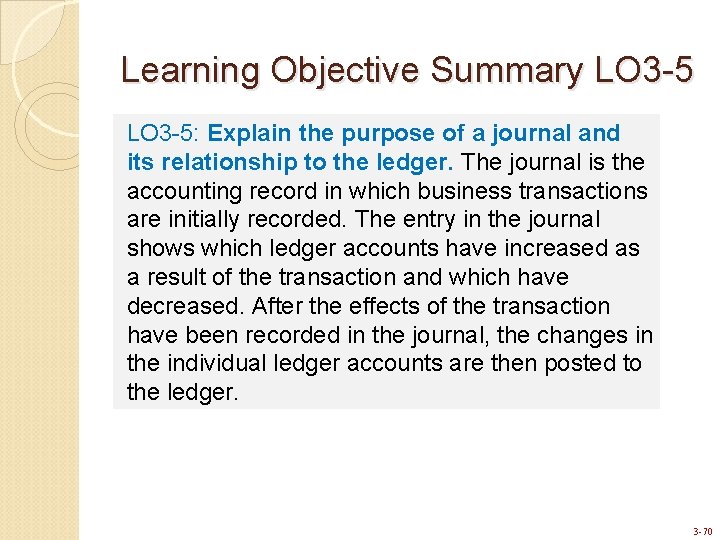 Learning Objective Summary LO 3 -5: Explain the purpose of a journal and its