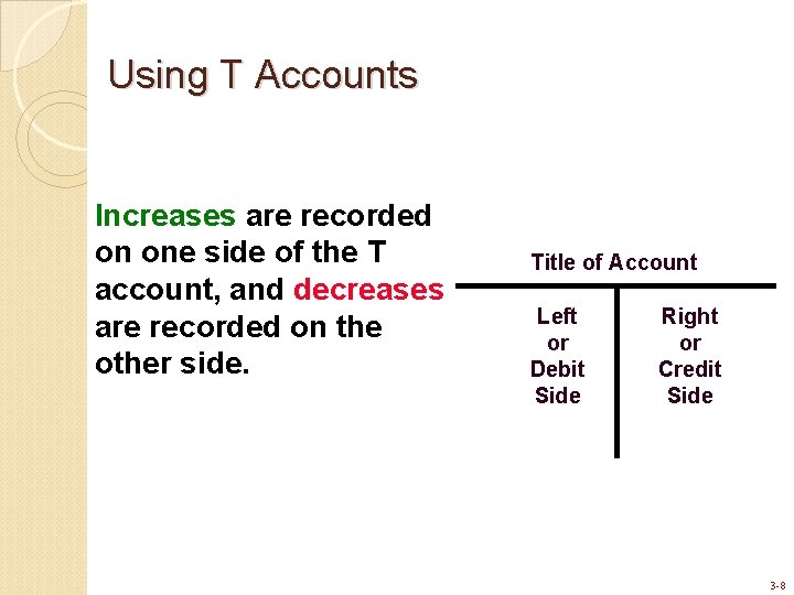 Using T Accounts Increases are recorded on one side of the T account, and