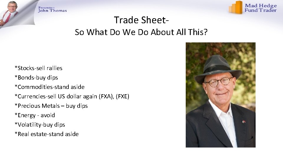 Trade Sheet- So What Do We Do About All This? *Stocks-sell rallies *Bonds-buy dips