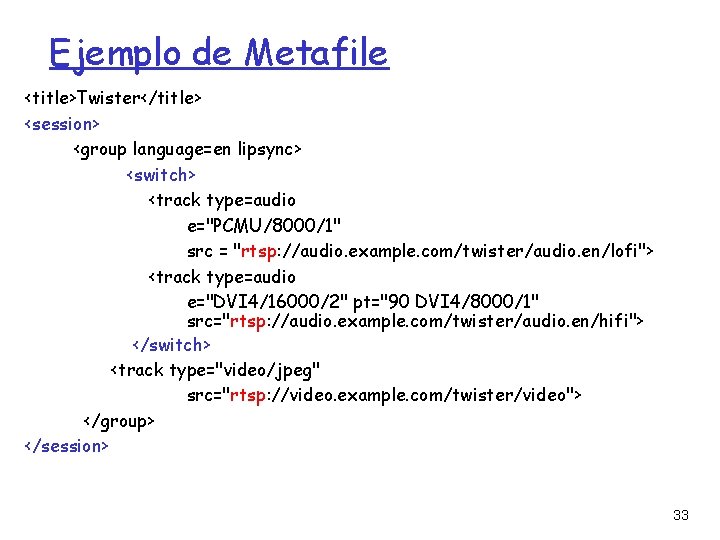 Ejemplo de Metafile <title>Twister</title> <session> <group language=en lipsync> <switch> <track type=audio e="PCMU/8000/1" src =