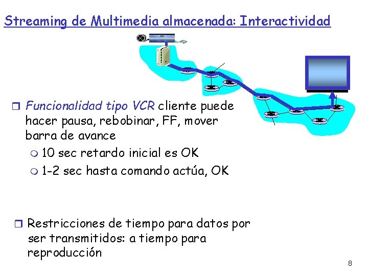 Streaming de Multimedia almacenada: Interactividad Funcionalidad tipo VCR cliente puede hacer pausa, rebobinar, FF,