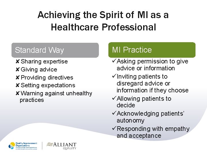 Achieving the Spirit of MI as a Healthcare Professional Standard Way MI Practice ✘Sharing