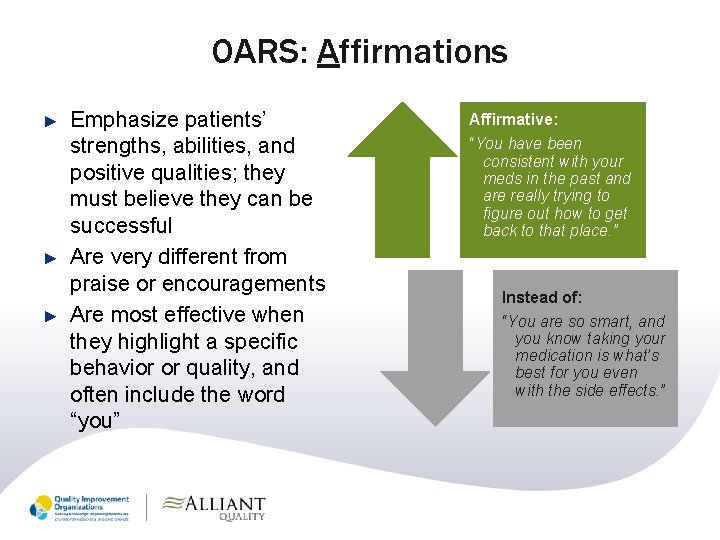 OARS: Affirmations ► ► ► Emphasize patients’ strengths, abilities, and positive qualities; they must