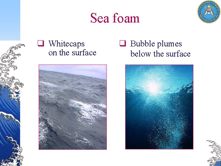 Sea foam q Whitecaps on the surface q Bubble plumes below the surface 