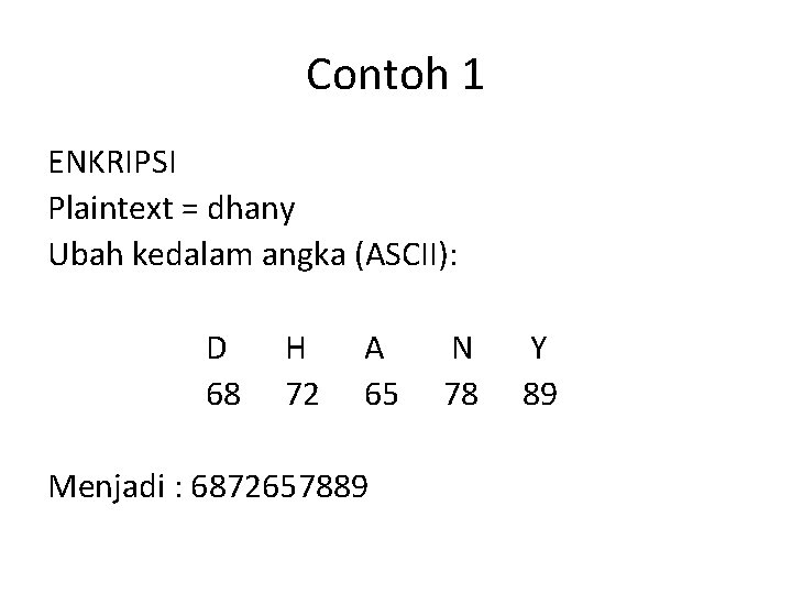 Contoh 1 ENKRIPSI Plaintext = dhany Ubah kedalam angka (ASCII): D 68 H 72