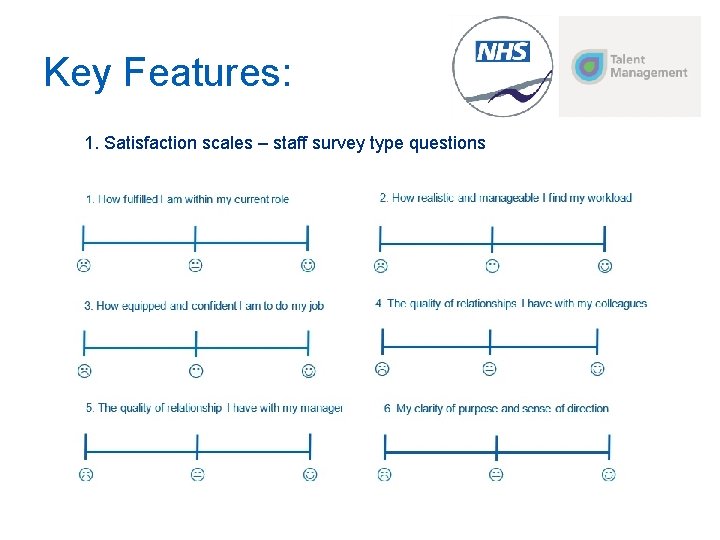 Key Features: 1. Satisfaction scales – staff survey type questions 