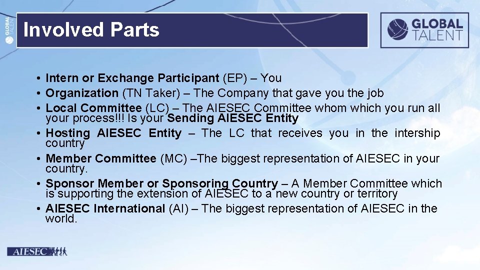 Involved Parts • Intern or Exchange Participant (EP) – You • Organization (TN Taker)