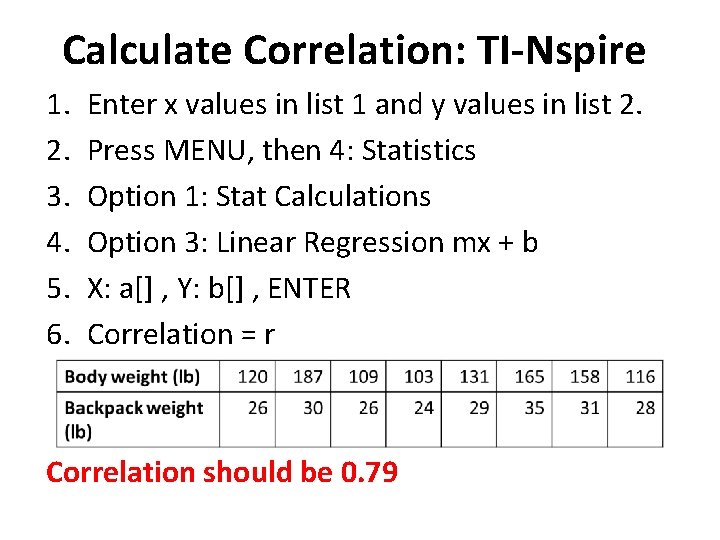 Calculate Correlation: TI-Nspire 1. 2. 3. 4. 5. 6. Enter x values in list