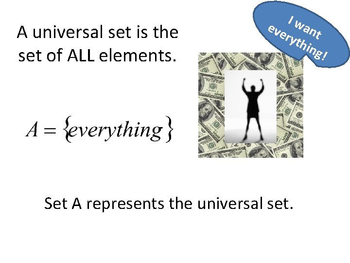 A universal set is the set of ALL elements. Iw eve an ryt t