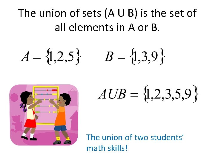 The union of sets (A U B) is the set of all elements in